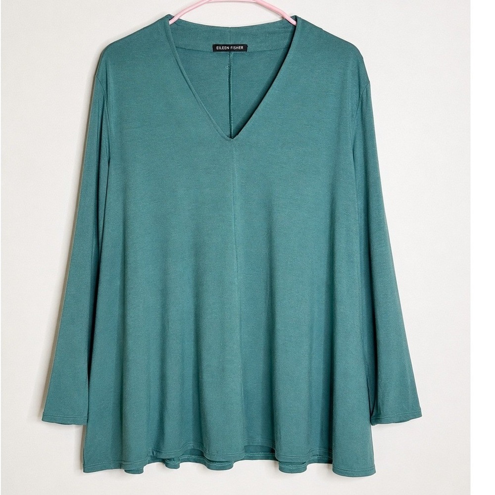 Eileen Fisher Tunic Top Teal‎ Green Viscose Jersey V-Neck Long Sleeve Minimalist